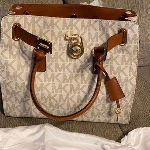 White and Brown Michael Kors Tote Purse